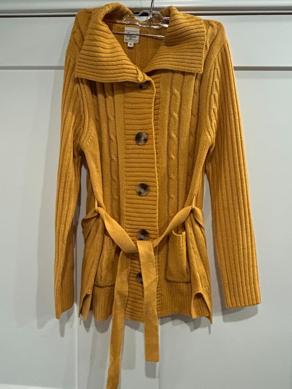 Gold/ Mustard Yellow Cable Knit Belted Cardigan Sweater XL